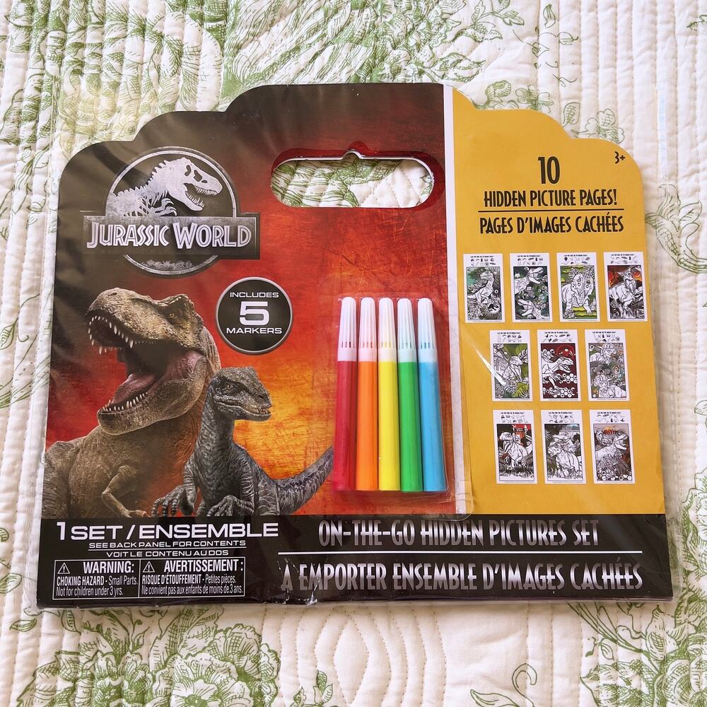NEW Jurassic World On-the-Go Hidden Pictures Set Coloring Sheet with Markers